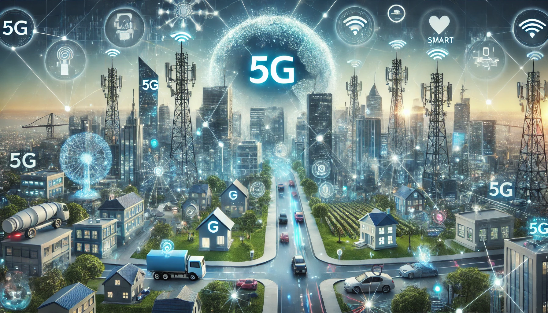 detailed and futuristic image showcasing the broad impact of 5G technology.